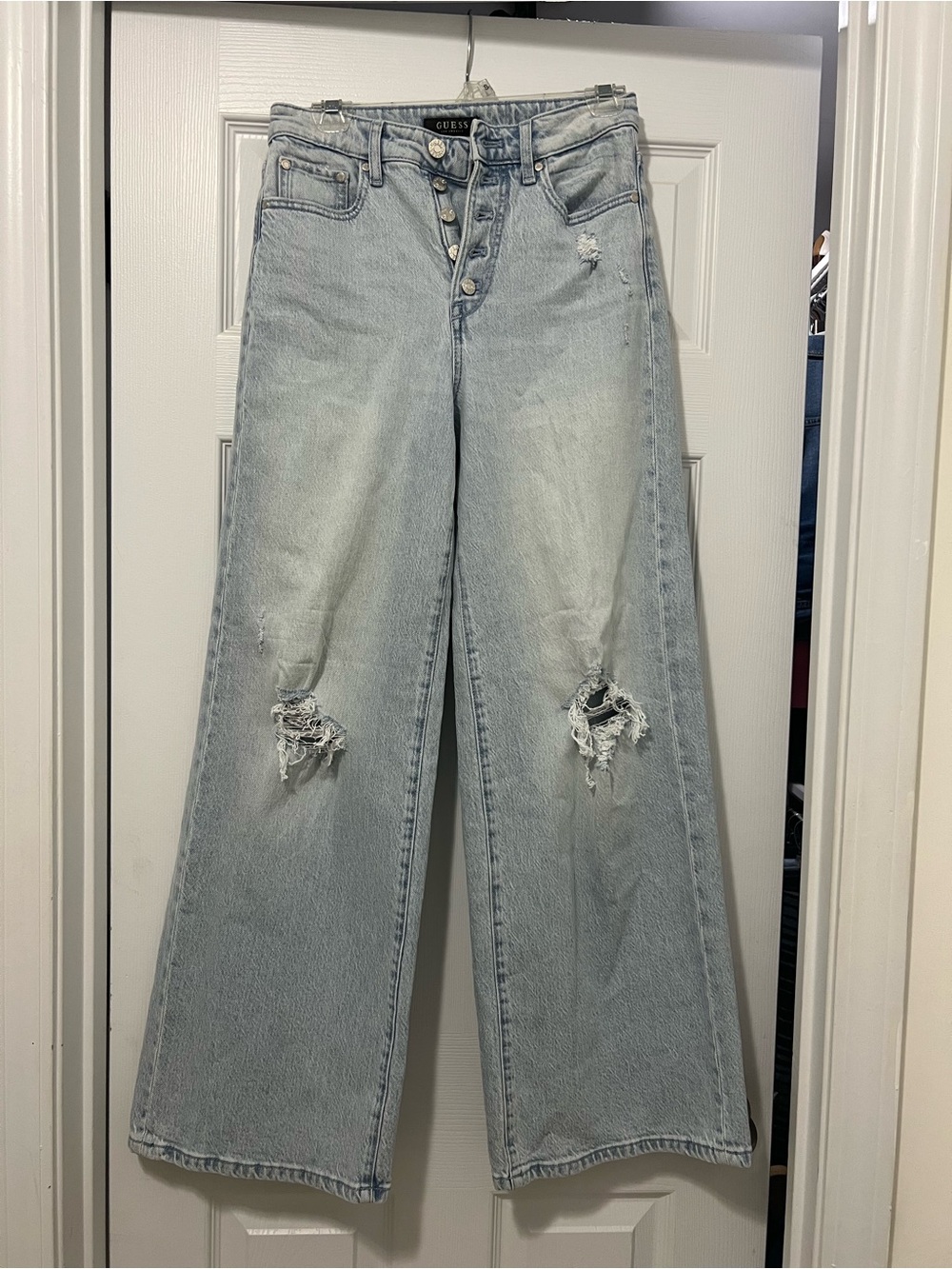 GUESS Light Wash Distressed Wide-Leg Jeans